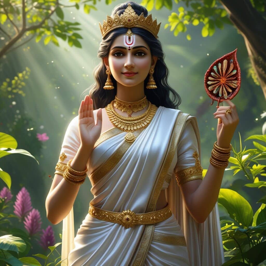 In this photo of Saraswati ji, there is a leaf in her hand.