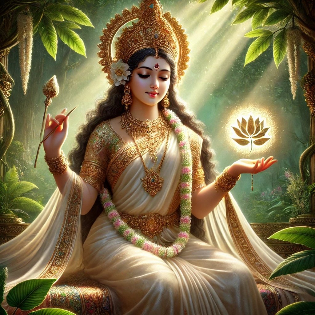 In this photo of Saraswati ji, there is a lotus flower in her hand.