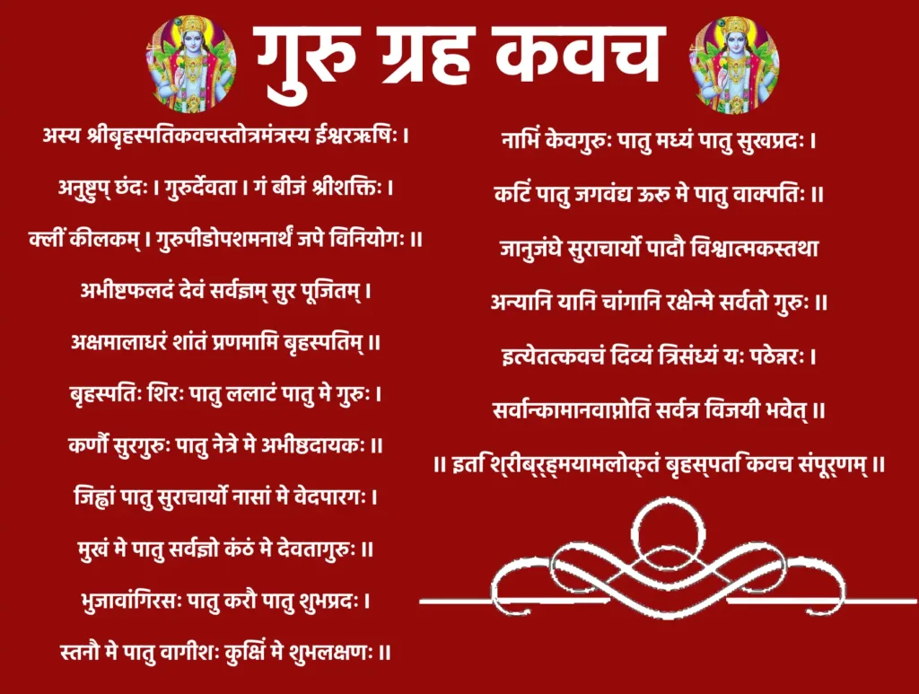 Guru Grah Kavachॐ श्री गुरवे नमः ॥गुरुर्ग्रहः शिरः पातु, ललाटं पातु मे बृहस्पतिः,
नेत्रे दयालुः सततं, श्रुती मे पातु वेदवित् ॥1॥नासिकां पातु सौम्यात्मा, मुखं मे पातु वाच्पतिः।
जिह्वां मे वेदवक्ता च, कण्ठं मे च बृहस्पतिः ॥2॥स्कन्धौ सुरार्चितः पातु, भुजौ मे पातु वेदवित्॥
हस्तौ मे पातु श्रीकान्तः, हृदयं पातु मे गुरुः ॥3॥नाभिं देवगुरुः पातु, मध्यं पातु सुशोभनः॥
कटिं मे पातु विश्वात्मा, ऊरू मे पातु वाक्पतिः ॥4॥जानुनी मे सुधीः पातु, जंघे मे ज्ञानदोऽवतु॥
पादौ मे पातु सर्वज्ञः, सर्वाङ्गं सर्वतो गुरुः ॥5॥इति श्री गुरु ग्रह कवचं सम्पूर्णम्