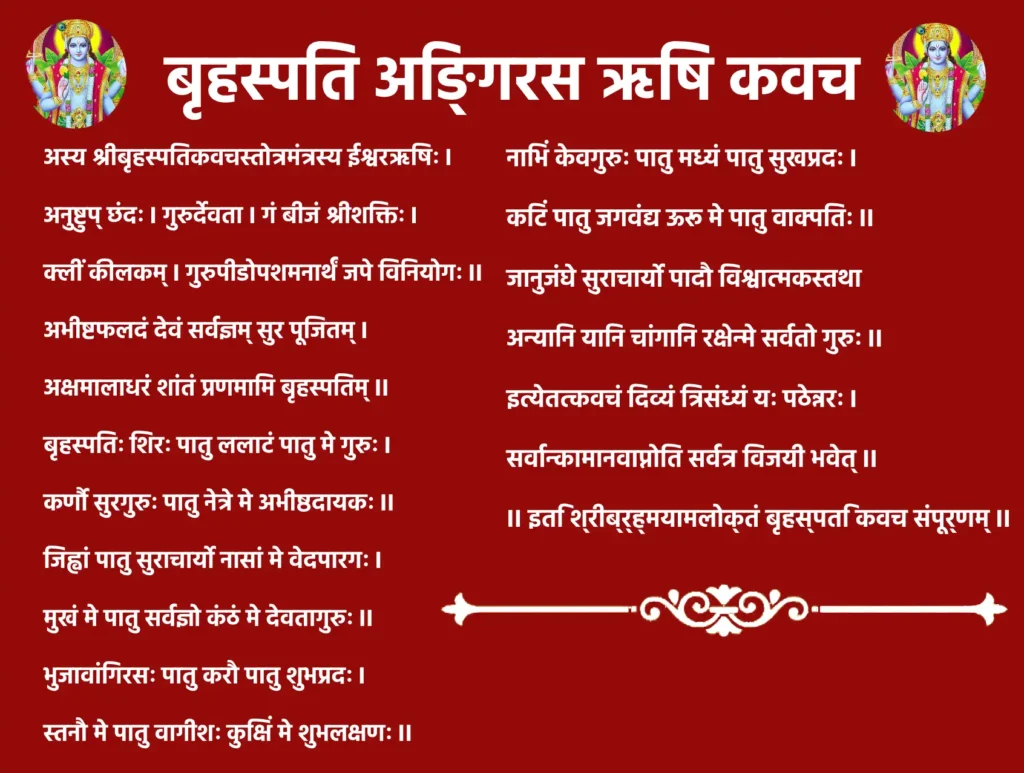 Brihaspati Angiras Rishi Kavachॐ श्री गुरवे नमः ।बृहस्पतिर्विश्वरूपश्च पातु मे सर्वदा तनुम्॥
सर्वदुःखभयघ्नश्च सर्वरोगनिवारणः ॥1॥शीर्षं पातु मे देवो ललाटं पातु मे गुरुः॥
नेत्रे ज्ञानमयो पातु कर्णौ श्रुति प्रदायकः ॥2॥नासिकां पातु मे सौम्यः, मुखं मे पातु वाच्पतिः॥
जिह्वां मे पातु वेदज्ञो, कण्ठं मे पातु वेदवित् ॥3॥भुजौ मे पातु धिष्ण्यश्च, स्कन्धौ मे च बृहस्पतिः॥
हृदयं मे पातु सर्वज्ञो, नाभिं मे च सुरार्चितः ॥4॥कटिं मे पातु वागीशः, ऊरू मे पातु वाचकः॥
जानुनी मे सुधीः पातु, जंघे मे ज्ञानदोऽवतु ॥5॥पादौ मे देवगुरुः पातु, सर्वाङ्गं सर्वतो गुरुः॥
सर्वरोगान् हरेद् दोषान्, सर्वशान्तिं प्रयच्छति ॥6॥इति बृहस्पति अङ्गिरस ऋषि कवचं सम्पूर्णम्