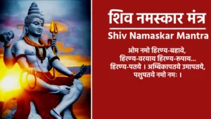 Shiv Namaskar Mantra ॐ नमो हिरण्यबाहवे हिरण्यवर्णाय हिरण्यरूपाय , हिरण्यपतये अंबिकापतये उमापतये पशूपतये नमो नमः॥1॥ नमः शम्भवाय च मयोभवाय च नमः शंंकराय च, मयस्कराय च नमः शिवाय च शिवतराय च॥2॥ ईशानः सर्वविद्यानामीश्वरः सर्वभूतानां, ब्रह्माधिपतिर्ब्रह्मणोऽधिपतिर्ब्रह्मा शिवो मे अस्तु सदाशिवोम्॥3॥ तत्पुरुषाय विद्महे वागविशुद्धाय धिमहे तन्नो शिव प्रचोदयात्, महादेवाय विद्महे रुद्रमूर्तये धिमहे तन्नों शिव प्रचोदयात्॥4॥ अघोरेभ्योऽथ घोरेभ्यो घोरघोरतरेभ्यः सर्वेभ्यः, सर्वशर्वेभ्यो नमस्तेऽस्तु रुद्ररूपेभ्यः॥5॥ वामदेवाय नमो ज्येष्ठाय नमः श्रेष्ठाय नमो रुद्राय नमः कालाय नमः कलविकरणाय नमो बलविकरणाय, नमो बलाय नमो बलप्रमथनाय नमः सर्वभूतदमनाय नमो मनोन्मनाय नमः॥6॥ सद्योजातं प्रपद्यामि सद्योजाताय वै नमो नमः, भवे भवे नातिभवे भवस्व मां भवोद्भवाय नमः॥7॥ नमः सायं नमः प्रातर्नमो रात्र्या नमो दिवा, भवाय च शर्वाय चोभाभ्यामकरं नमः॥8॥ यस्य निःश्वसितं वेदा यो वेदेभ्योऽखिलं जगत्, निर्ममे तमहं वन्दे विद्यातीर्थ महेश्वरम्॥9॥ त्र्यम्बकं यजामहे सुगन्धिं पुष्टिवर्धनम्, उर्वारुकमिव बन्धनान्मृत्योर्मुक्षीय मामृतात्॥10॥ सर्वो वै रुद्रस्तस्मै रुद्राय नमो अस्तु, पुरुषो वै रुद्रः सन्महो नमो नमः। विश्वं भूतं भुवनं चित्रं बहुधा जातं जायमानं च यत्, सर्वो ह्येष रुद्रस्तस्मै रुद्राय नमो अस्तु॥11॥
