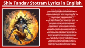 Jatatavigalajjala pravahapavitasthale... Galeavalambya lambitam bhujangatungamalikam ॥ Damad damad damaddama ninadavadamarvayam... Chakara chandtandavam tanotu nah shivah shivam ॥1॥ Jata kata hasambhrama bhramanilimpanirjhari... Vilolavichivalarai virajamanamurdhani ॥ Dhagadhagadhagajjva lalalata pattapavake... Kishora chandrashekhare ratih pratikshanam mama ॥2॥ Dharadharendrana ndinivilasabandhubandhura... Sphuradigantasantati pramodamanamanase ॥ Krupakatakshadhorani nirudhadurdharapadi... Kvachidigambare manovinodametuvastuni ॥3॥ Jata bhujan gapingala sphuratphanamaniprabha... Kadambakunkuma dravapralipta digvadhumukhe ।। Madandha sindhu rasphuratvagutariyamedure... Mano vinodamadbhutam bibhartu bhutabhartari ॥4॥ Sahasra lochana prabhritya sheshalekhashekhara... Prasuna dhulidhorani vidhusaranghripithabhuh ॥ Bhujangaraja malaya nibaddhajatajutaka... Shriyai chiraya jayatam chakora bandhushekharah ॥5॥ Lalata chatvarajvaladhanajnjayasphulingabha... Nipitapajnchasayakam namannilimpanayakam ॥ Sudha mayukha lekhaya virajamanashekharam... Maha kapali sampade shirojatalamastu nah ॥6॥ Karala bhala pattikadhagaddhagaddhagajjvala... Ddhanajnjaya hutikruta prachandapajnchasayake ॥ Dharadharendra nandini kuchagrachitrapatraka... Prakalpanaikashilpini trilochane ratirmama ॥7॥ Navina megha mandali niruddhadurdharasphurat... Kuhu nishithinitamah prabandhabaddhakandharah ॥ Nilimpanirjhari dharastanotu krutti sindhurah... Kalanidhanabandhurah shriyam jagaddhurandharah ॥8॥ Praphulla nila pankaja prapajnchakalimchatha... Vdambi kanthakandali raruchi prabaddhakandharam ॥ Smarachchidam purachchhidam bhavachchidam makhachchidam... Gajachchidandhakachidam tamamtakachchidam bhaje ॥9॥ Akharvagarvasarvamangala kalakadambamajnjari... Rasapravaha madhuri vijrumbhana madhuvratam ॥ Smarantakam purantakam bhavantakam makhantakam... Gajantakandhakantakam tamantakantakam bhaje ॥10॥ Jayatvadabhravibhrama bhramadbhujangamasafur... Dhigdhigdhi nirgamatkarala bhaal havyavat ॥ Dhimiddhimiddhimidhva nanmrudangatungamangala... Dhvanikramapravartita prachanda tandavah shivah ॥11॥ Drushadvichitratalpayor bhujanga mauktikasrajor... Garishtharatnaloshthayoh suhrudvipakshapakshayoh ॥ Trushnaravindachakshushoh prajamahimahendrayoh... Sama pravartayanmanah kada sadashivam bhajamyaham ॥12॥ Kada nilimpanirjhari nikujnjakotare vasanh... Vimuktadurmatih sada shirah sthamajnjalim vahanh ॥ Vimuktalolalochano lalamabhalalagnakah... Shiveti mantramuchcharan sada sukhi bhavamyaham ॥13॥ Imam hi nityameva muktamuttamottamam stavam... Pathansmaran bruvannaro vishuddhimeti santatam ॥ Hare gurau subhaktimashu yati nanyatha gatim... Vimohanam hi dehinam sushankarasya chintanam ॥14॥ Puja vasanasamaye dashavaktragitam... Yah shambhupujanaparam pathati pradoshhe ॥ Tasya sthiram rathagajendraturangayuktam... Lakshmim sadaiva sumukhim pradadati shambhuh ॥15॥ ॥ ithi Sri Shiva Tandava Stotram ॥