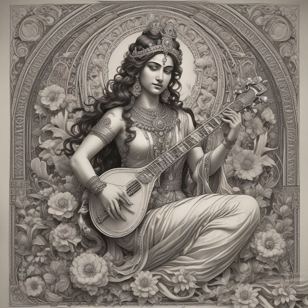 Black and white sketch of Goddess Saraswati holding a veena, depicting her grace and divine presence in a simple yet artistic drawing.