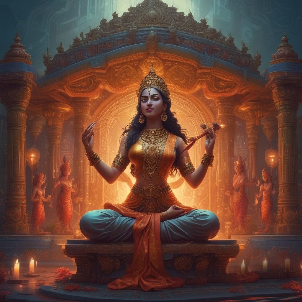 This image shows a big and divine idol of the saraswati mata.