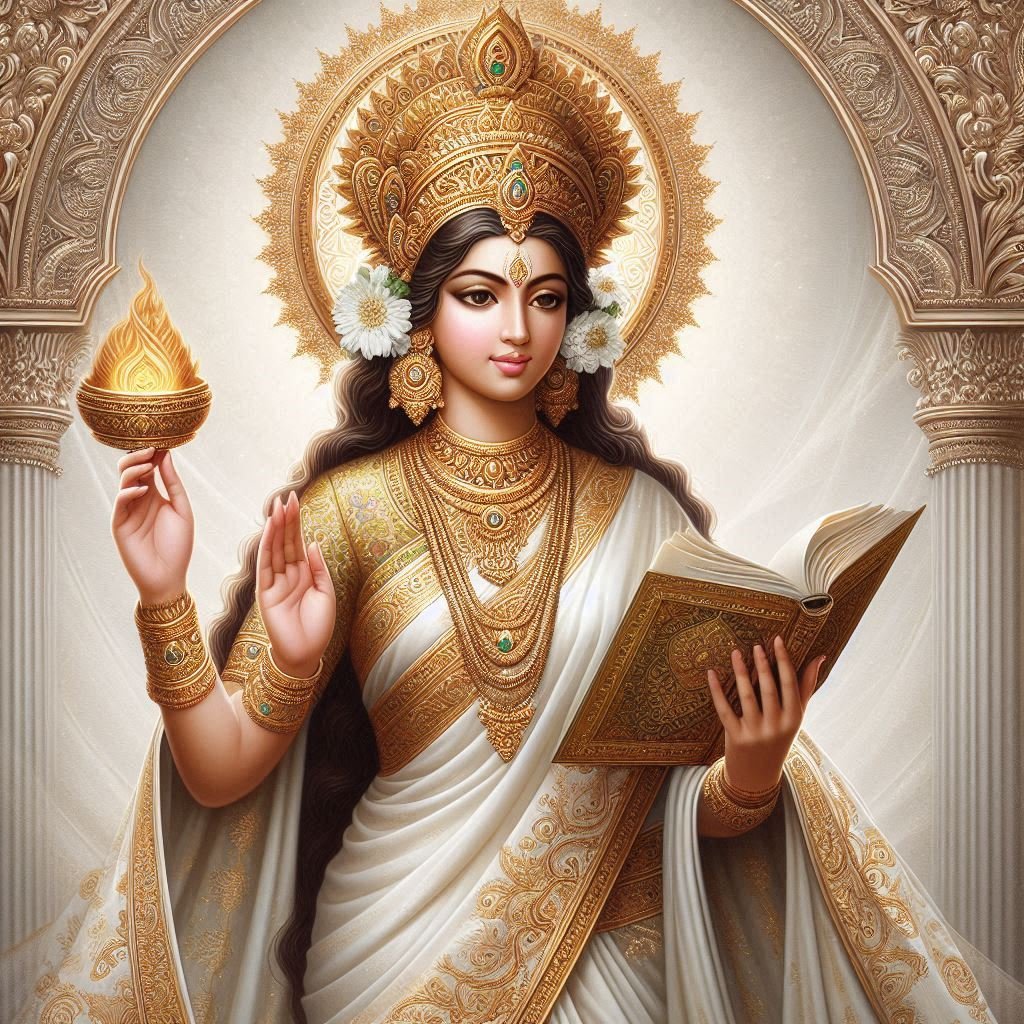 In this photo of Saraswati ji, there is a veena in her hand.