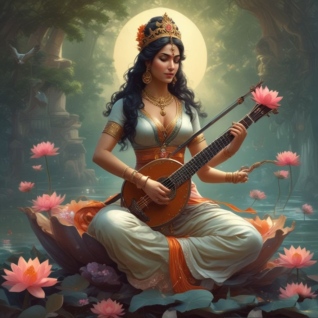 In this photo of Saraswati ji, there is a lotus flower in her hand.
