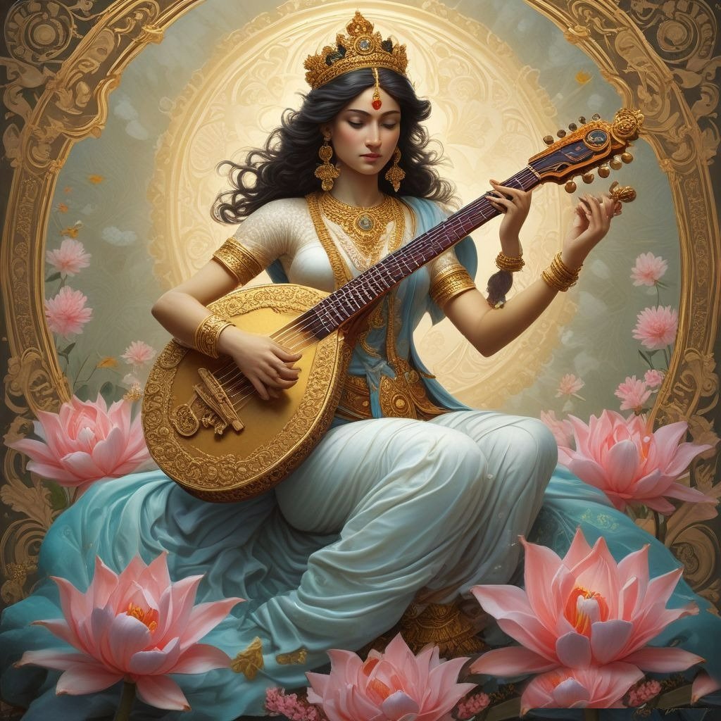In this photo, Devi Saraswati is wearing a white sari and sitting on a lotus flower. She is also holding a Veena in her hands.
