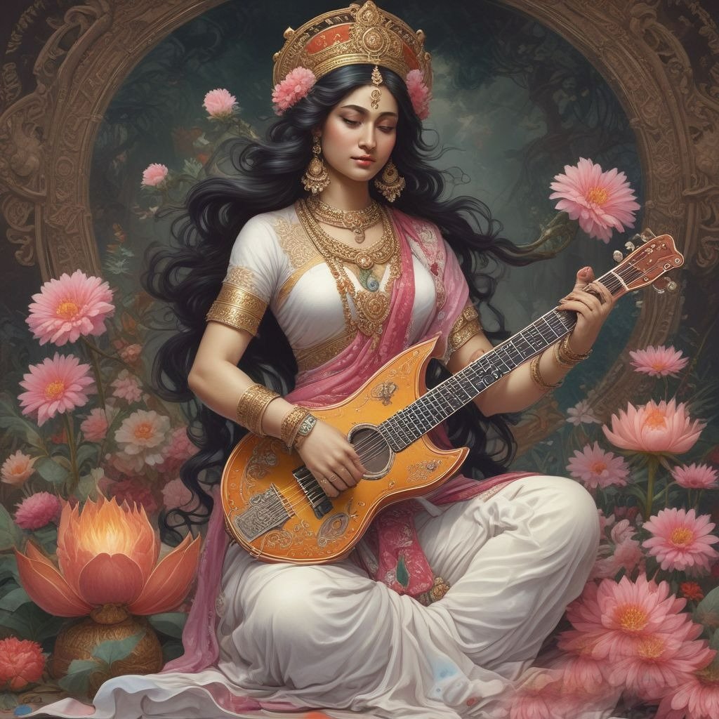 In this drawing, the calm nature of Saraswati Ji is shown, in which she is sitting on a lotus flower with a Veena in her hands.
