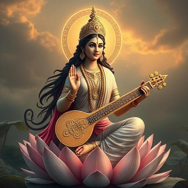In this photo, devi Saraswati is wearing a white sari and sitting on a lotus flower. She is also holding a Veena in her hands.