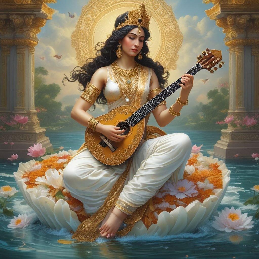 In this photo, Devi Saraswati is wearing a white saree and gold jewellery which further enhances the divinity of her appearance.
