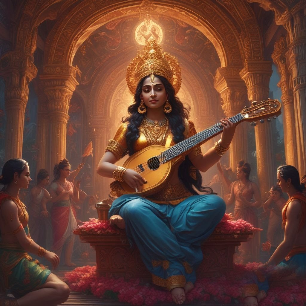 This image shows a big and divine idol of the devi sarawati in front of whom all the devotees are sitting with folded hands.