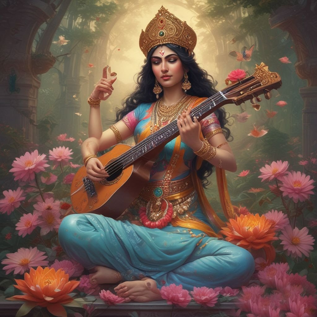 In this drawaing Saraswati ji is  sitting on a throne with a Veena in her hands and lotus flowers are scattered around her.
