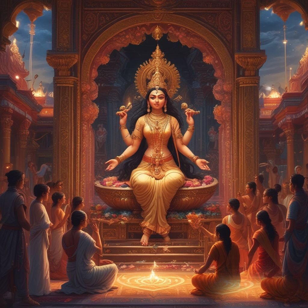 Maa Saraswati in a white saree, seated in a beautifully decorated pandal, as devotees perform puja and prayers. A divine aura radiates, symbolizing blessings of wisdom and knowledge.
