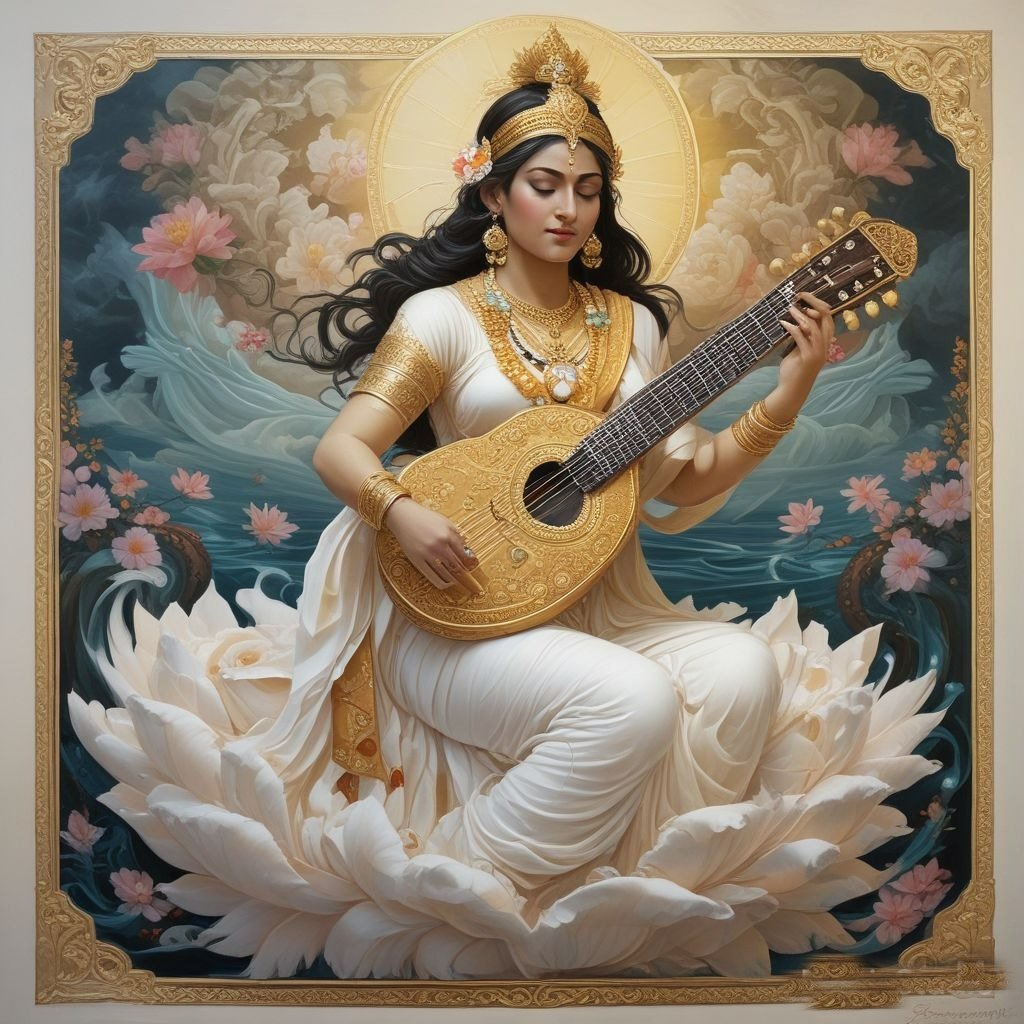 In this photo, Devi Saraswati is seen wearing a white saree, in which she is sitting on a white 
 lotus flower with a veena in her hands.
