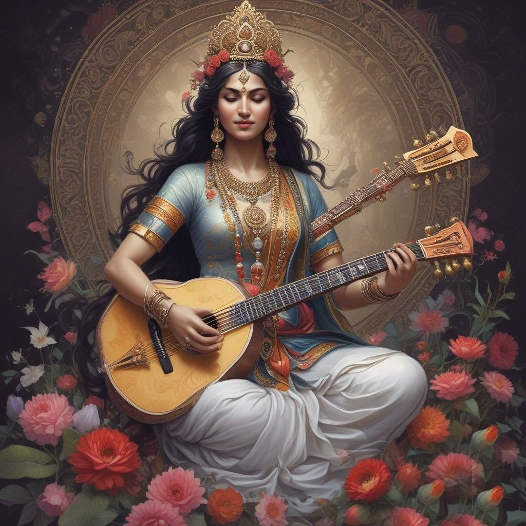 A colorful drawing of Goddess Saraswati holding a veena, beautifully depicting her divine grace, wisdom, and musical essence.