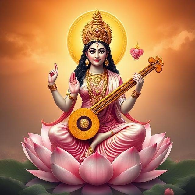 In this photo of Saraswati ji, there is a veena in her hand and devi saraswati is seat on lotus flower.
