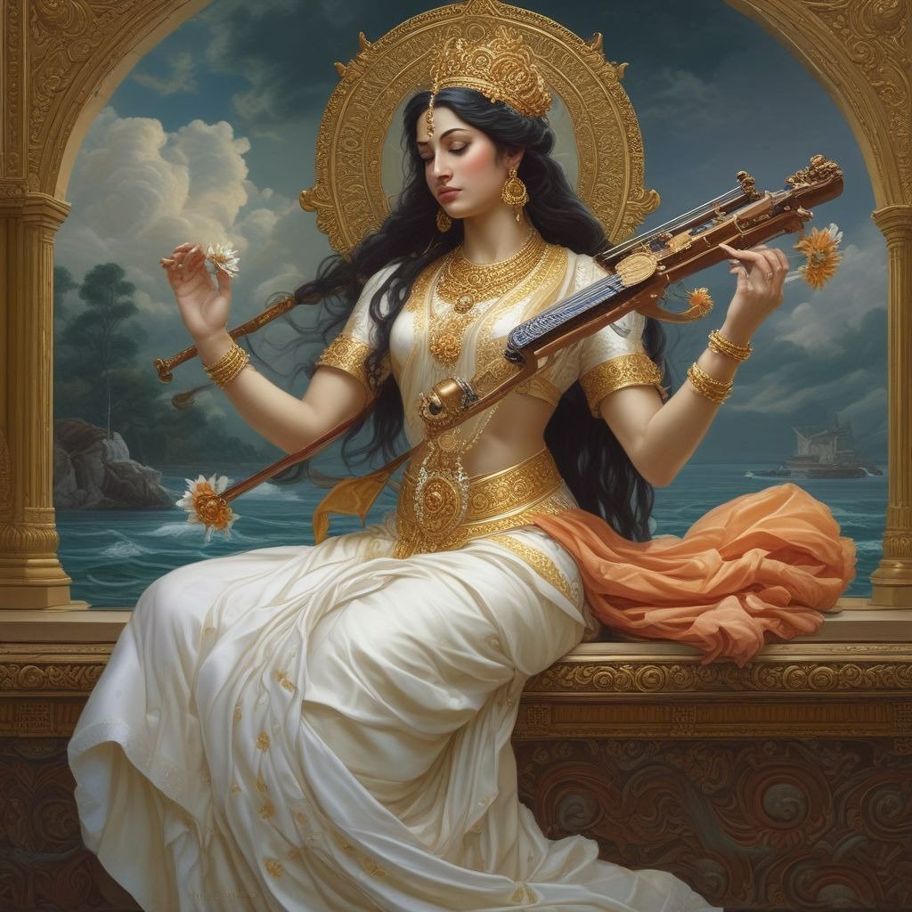 In this photo of Saraswati ji, there is a veena in her hand and in the other hand she holds a flower.
