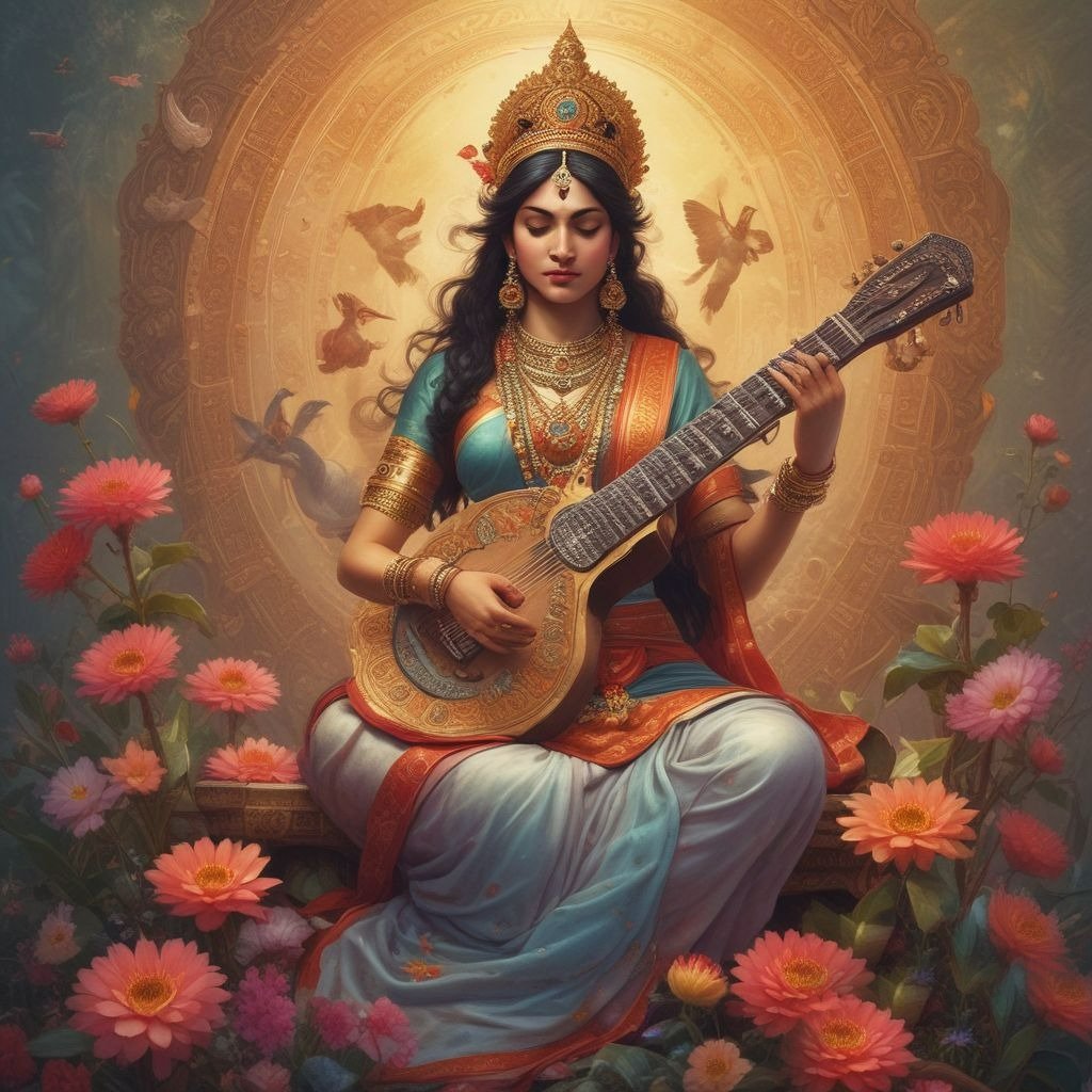 A serene drawing of Goddess Saraswati, gracefully holding a veena, depicting her calm and divine presence.