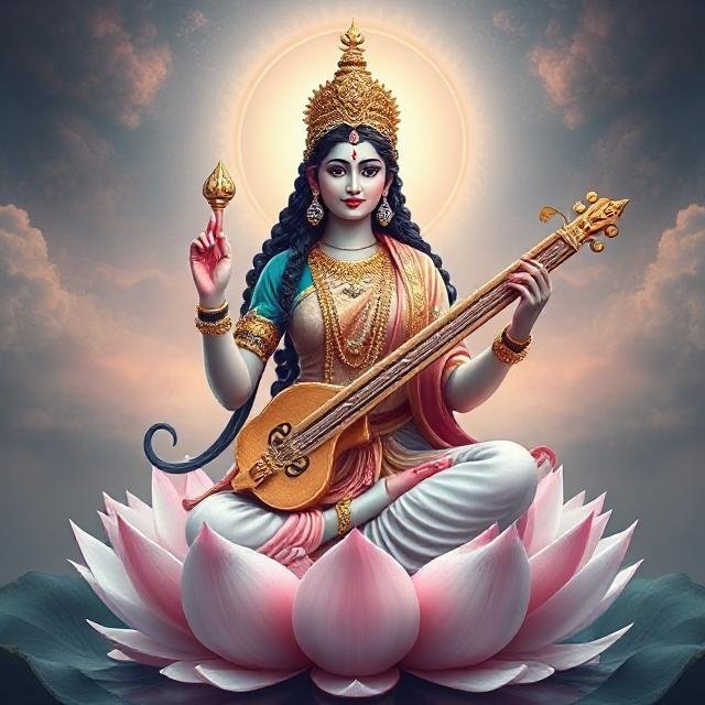 In this photo, Goddess Saraswati is wearing a white saree and gold jewellery which enhances their beauty.
