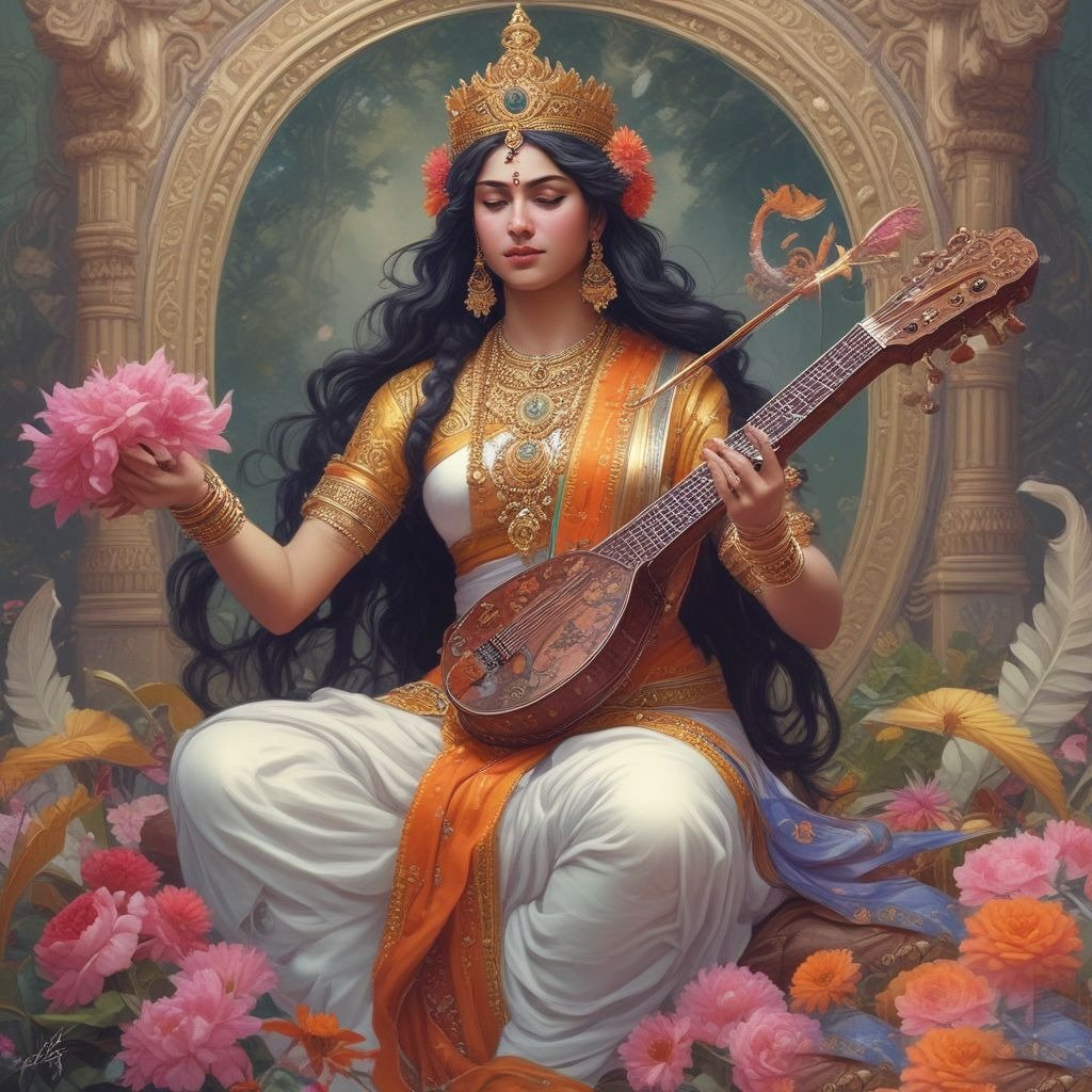In this drawing of Saraswati ji, there is a lotus flower in her hand and a veena in other hand.