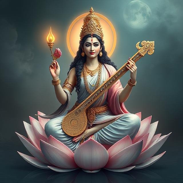 In this photo of Saraswati ji, there is a veena and a flower in her hand and devi saraswati is seat on lotus flower.