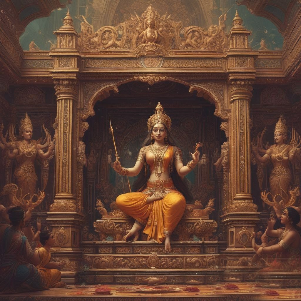 Goddess Saraswati seated on her throne, wearing a yellow saree and holding a lotus flower in her hand, in a beautifully decorated pandal.