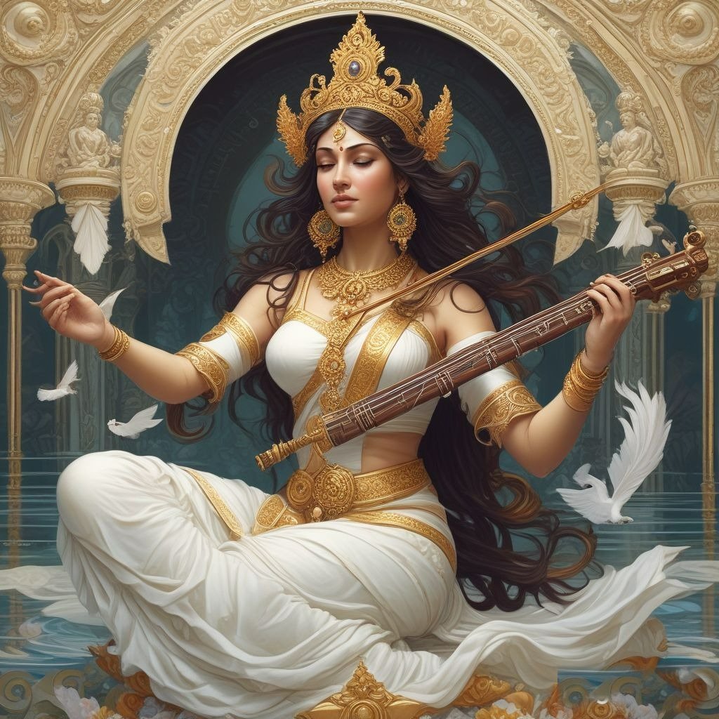 In this photo of Saraswati ji is seen wearing a white saree with a veena in her hands.
