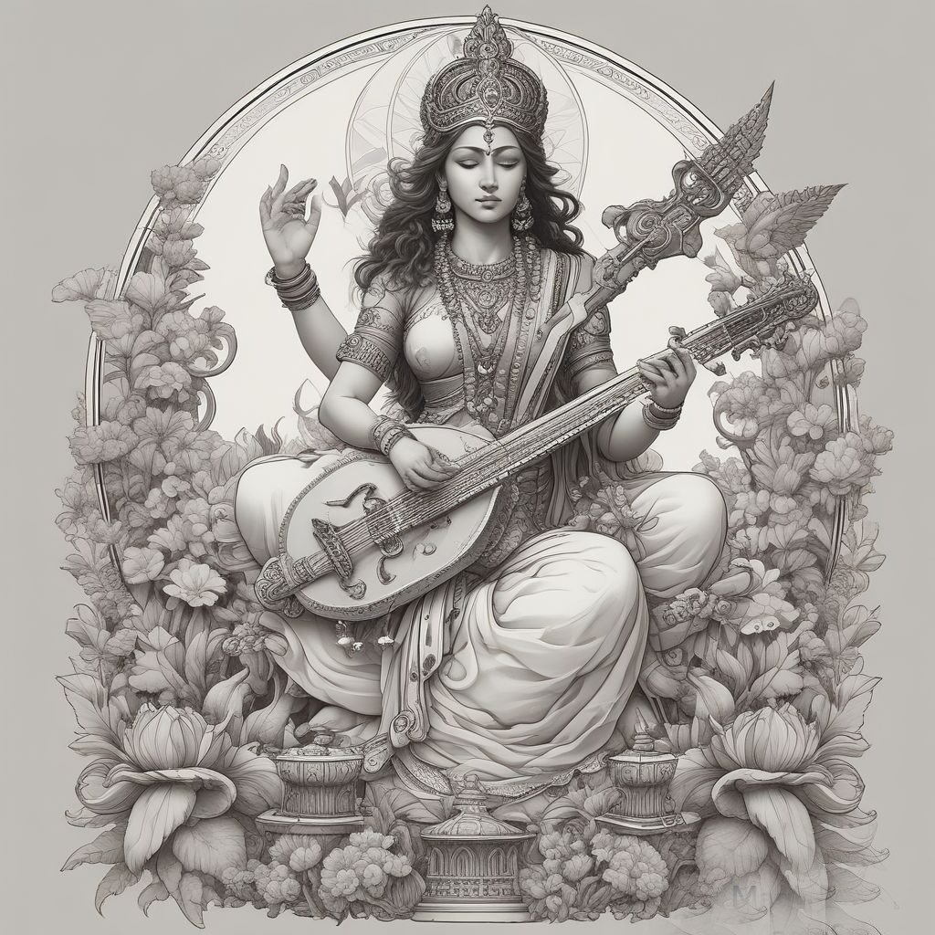 A simple drawing of Goddess Saraswati holding a veena, depicting her divine grace and wisdom.