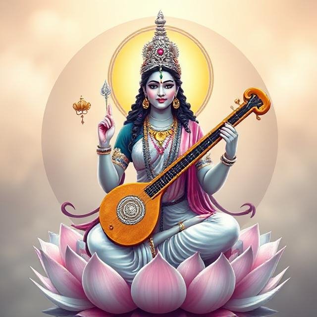 In this photo, Devi Saraswati is shown in dark complexion, sitting on a lotus flower with a veena in her hands.