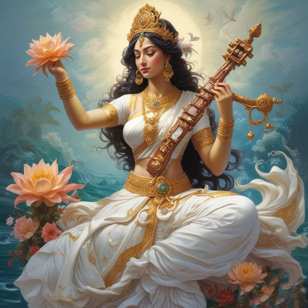 In this photo of Saraswati ji, there is a lotus flower in her hand.
