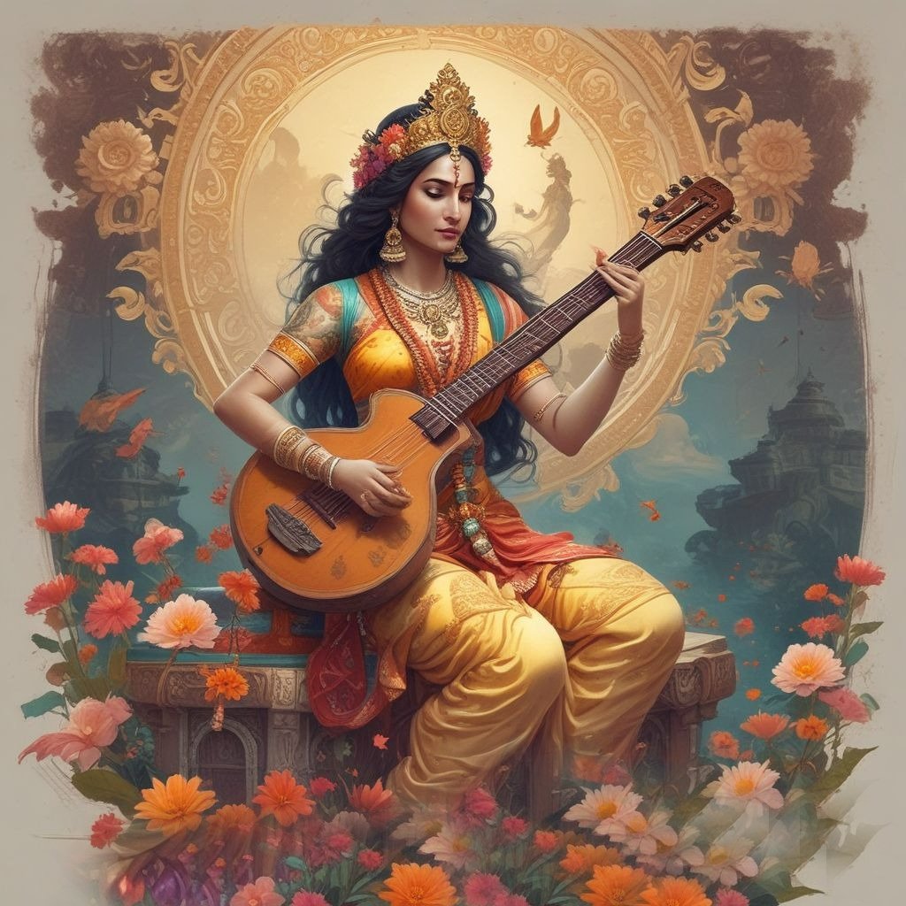 In this drawing of Saraswati ji, she is wearing a yellow saree, sitting on a seat with a Veena in her hands.