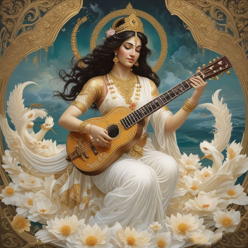 In this photo of Saraswati ji, there is a veena in her hand and devi saraswati is seat on white lotus flower.
