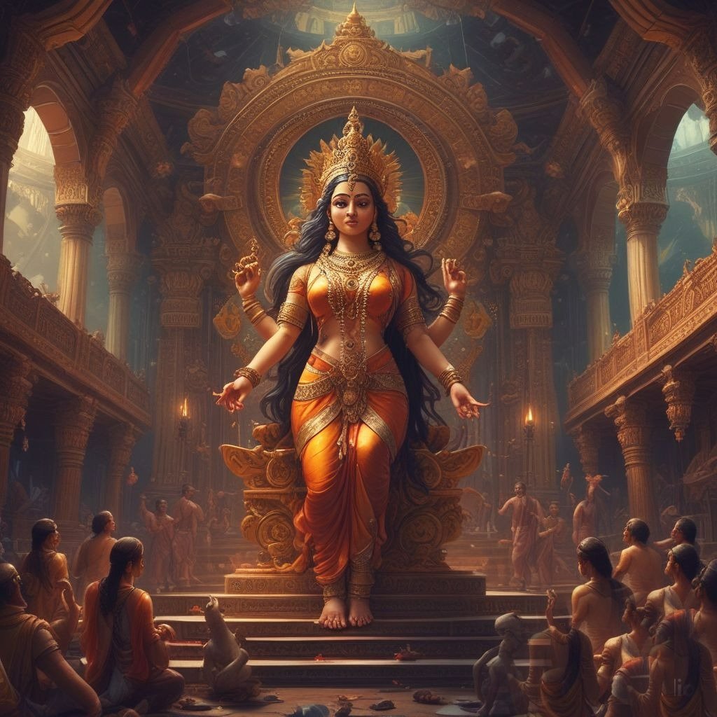Goddess Saraswati's divine and serene form is depicted in the beautifully adorned pandal, with devotees standing before her with folded hands in deep prayer and devotion.
