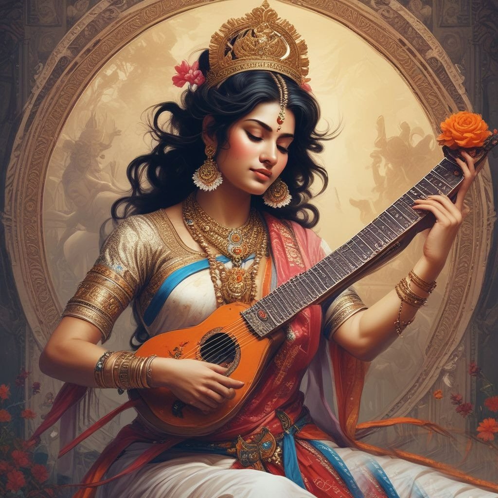 A beautifully illustrated drawing of Goddess Saraswati, depicting her serene and divine form, symbolizing wisdom, music, and knowledge.