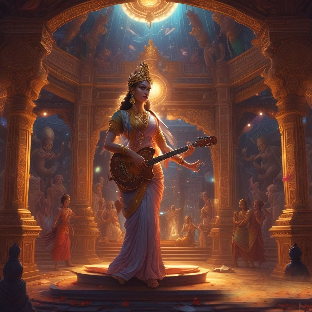 Goddess Saraswati standing gracefully, dressed in a white saree, holding a veena in her hands, inside a beautifully decorated pandal with traditional ornaments.