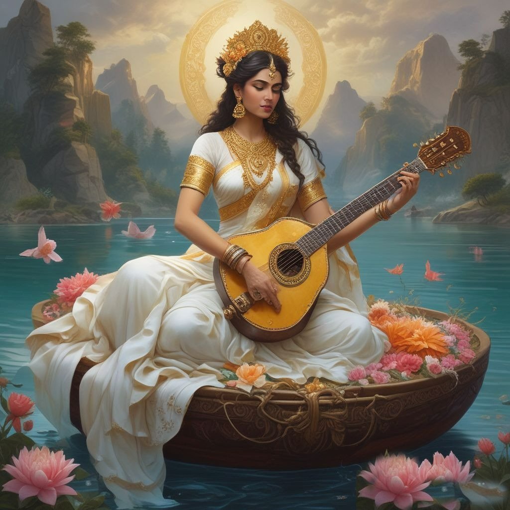 In this photo, Devi Saraswati is wearing a white sari and sitting on a lotus flower. 