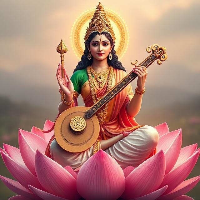 In this photo of Saraswati ji, there is a veena in her hand and devi saraswati is seat on lotus flower.
