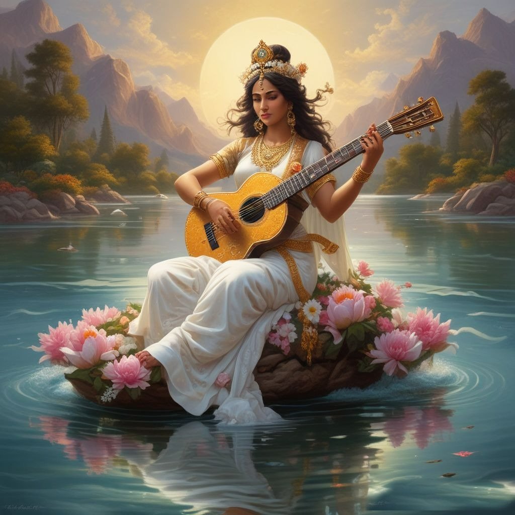 In this picture of Saraswati ji, she is wearing a white saree, sitting on a stone with a Veena in her hands and lotus flowers are scattered around her.