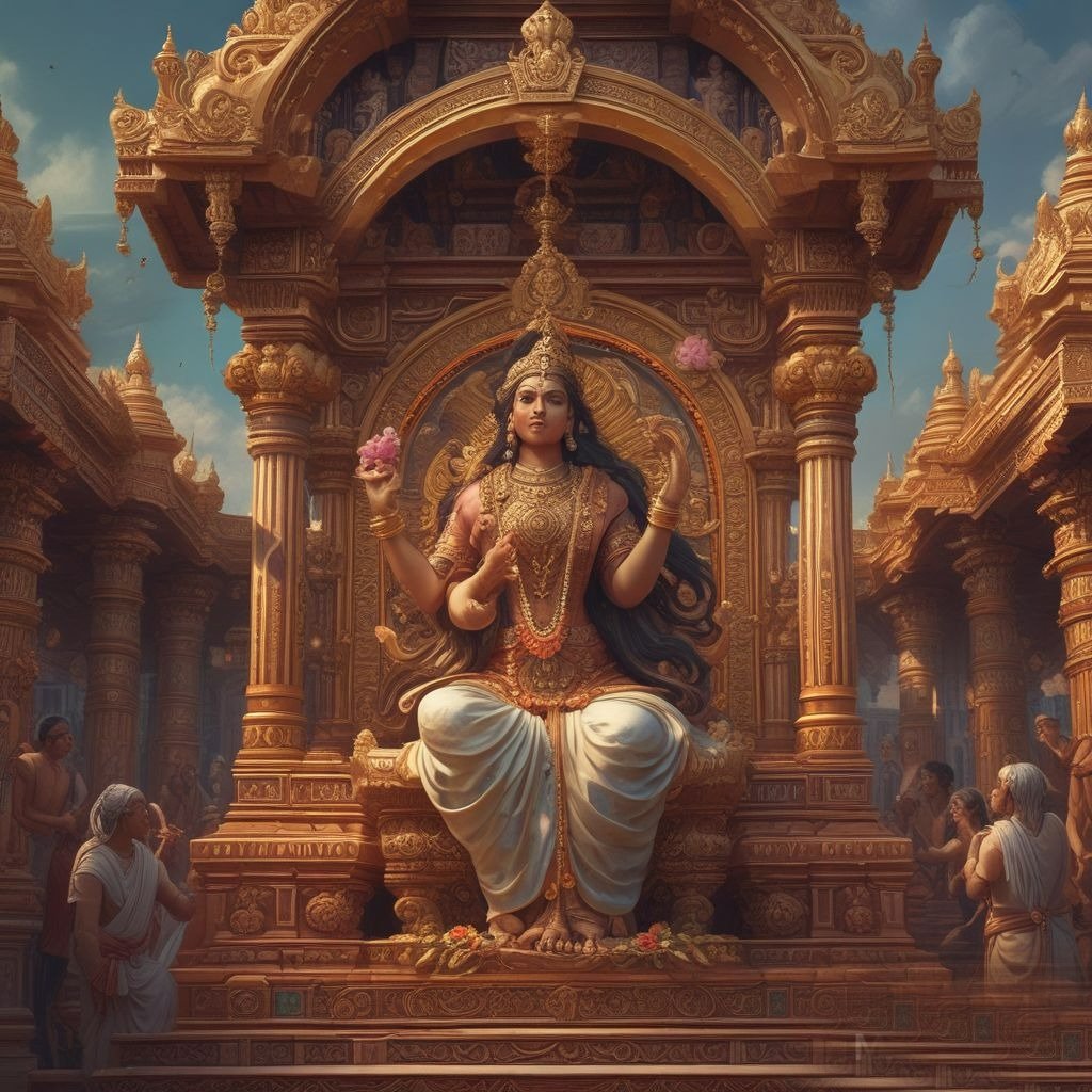 Goddess Saraswati, dressed in a white saree, seated gracefully on her throne, holding a lotus flower in her hand. The beautifully decorated Saraswati Pandal radiates a serene and divine aura.