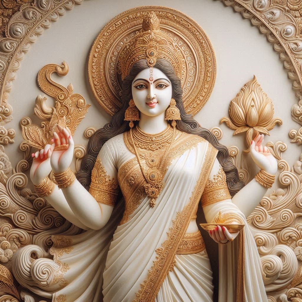 In this photo, Goddess Saraswati is wearing a white saree and gold jewellery which further enhances the divinity of her appearance.