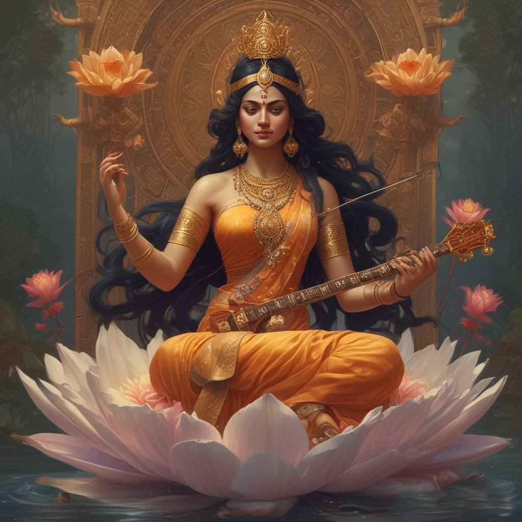 In this photo, Saraswati ji is seen wearing a yellow saree, her long hair is open and she is sitting on a lotus flower with a veena in her hands.
