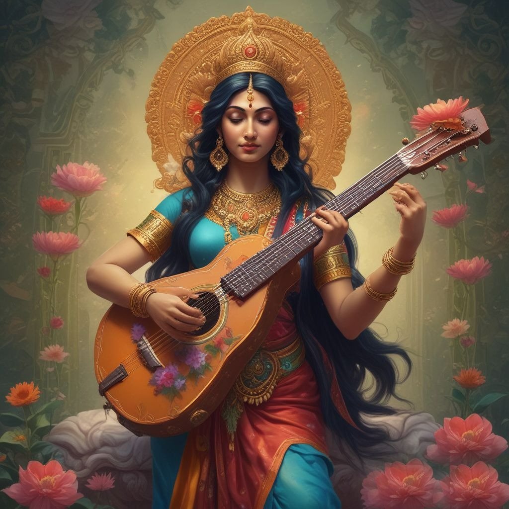 Colorful sketch of Goddess Saraswati holding a veena, beautifully illustrated with vibrant details, symbolizing wisdom, music, and knowledge.
