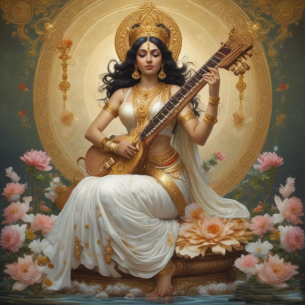 In this photo, Devi Saraswati is seen wearing a white saree, with a veena in her hand.