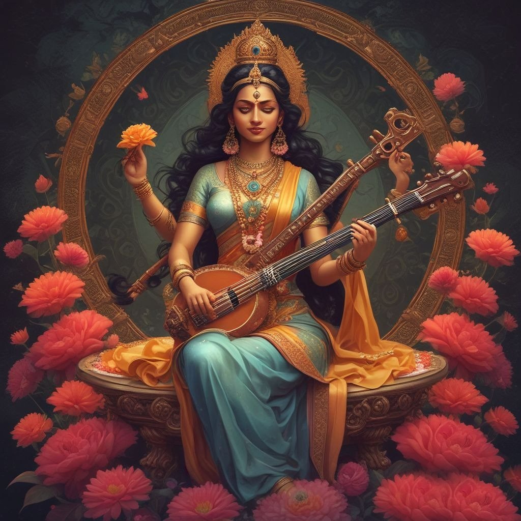 Devi Saraswati gracefully seated on her throne, holding a veena in this drawing.