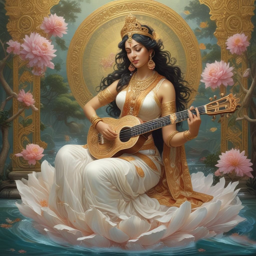 In this photo of Saraswati ji, there is a veena in her hand and devi saraswati is seat on white 
  lotus flower.
