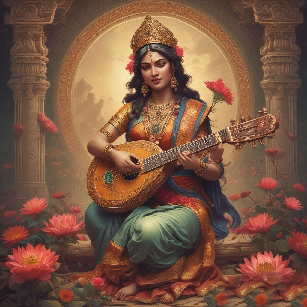 Colorful sketch of Goddess Saraswati is holding a veena, beautifully illustrated with vibrant details.