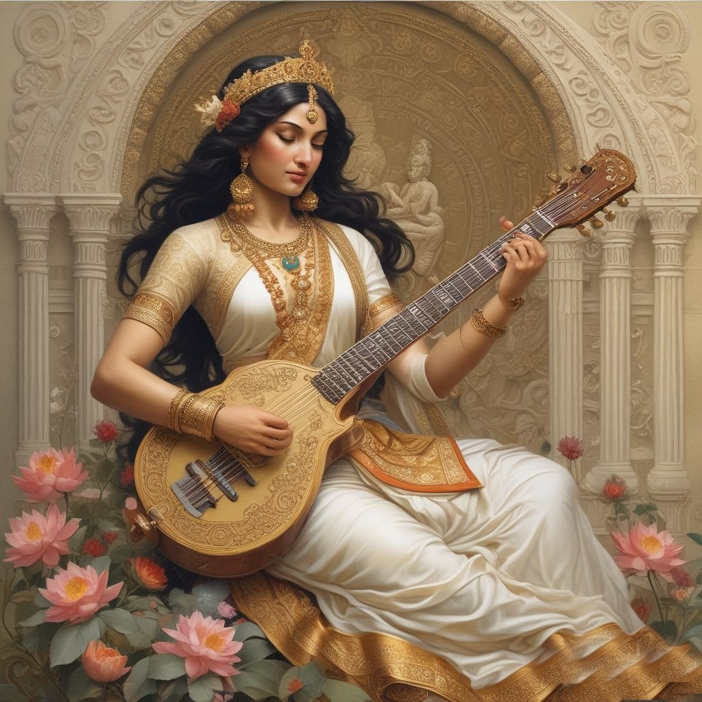 In this photo, Saraswati ji is wearing a white saree and gold jewellery which further enhances the divinity of her appearance.
