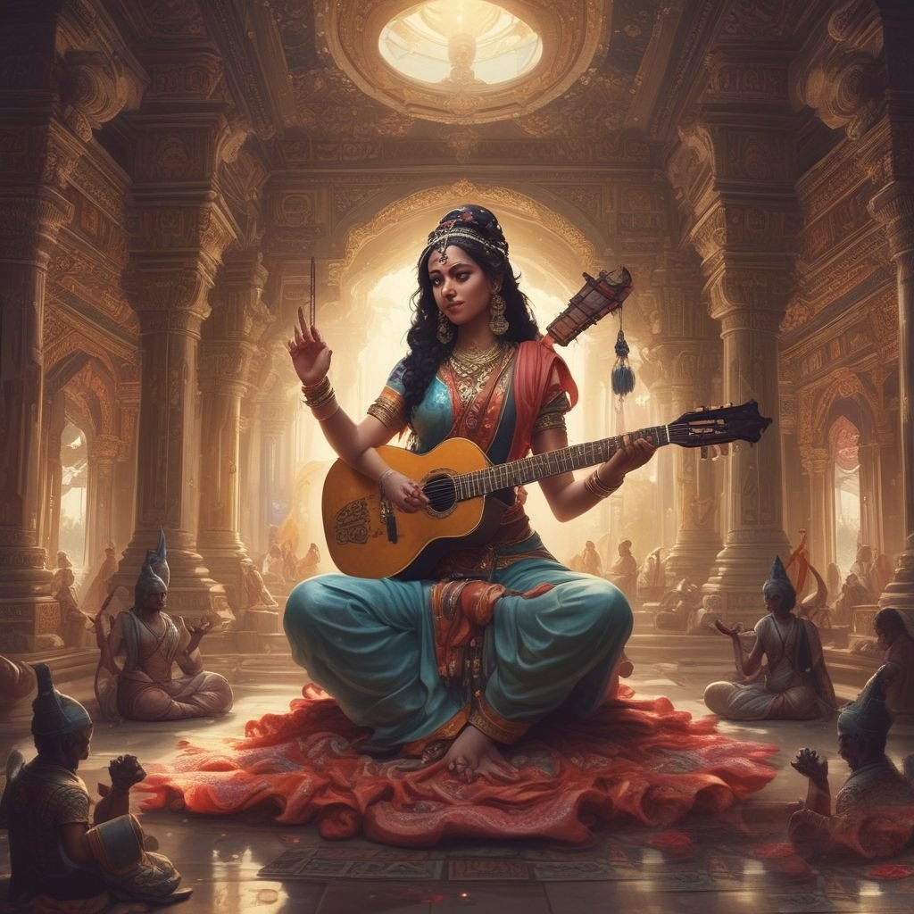 in this image, devi Saraswati gracefully seated on her divine throne, holding a veena, in a beautifully decorated pandal with vibrant colors and traditional ornaments.