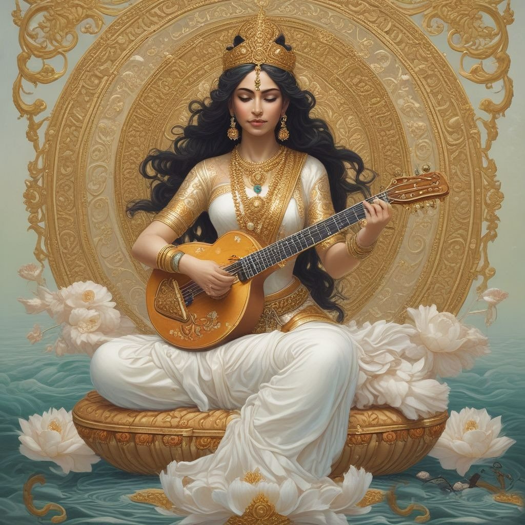 In this photo of Saraswati ji, there is a veena in her hand.