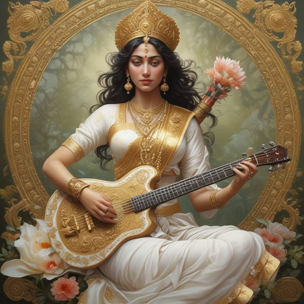 In this photo, Devi Saraswati is seen wearing a white saree, in which she is sitting on a lotus flower with a veena in her hands.